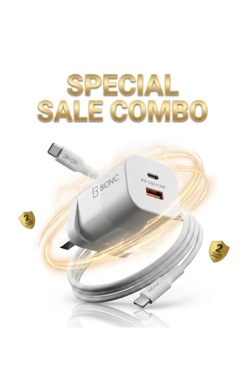 بيونيك شاحن سريع GaN بقوة 45 واط مع كابل مضفر من Type-C إلى Type-C | توصيل الطاقة (PD) والشحن السريع (QC) | محول حائط فائق الصغر وسلك شحن عالي المتانة (سنتان) - Image 1