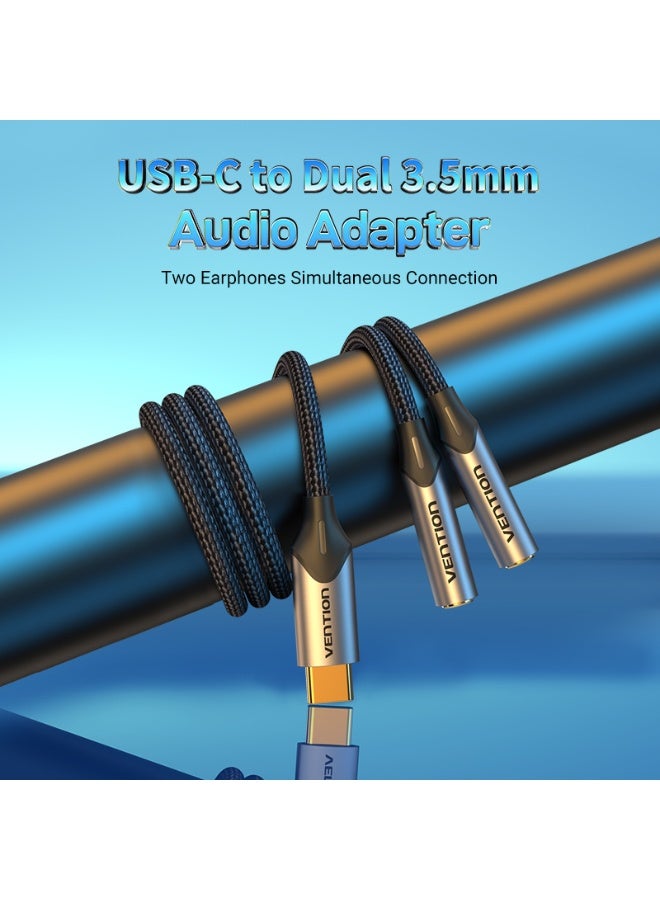 VENTION VENTION USB-C Male to Dual 3.5MM Jack Earphone Adapter 0.3M Gray Aluminum Alloy Type Model # BGNHY  - Image 2