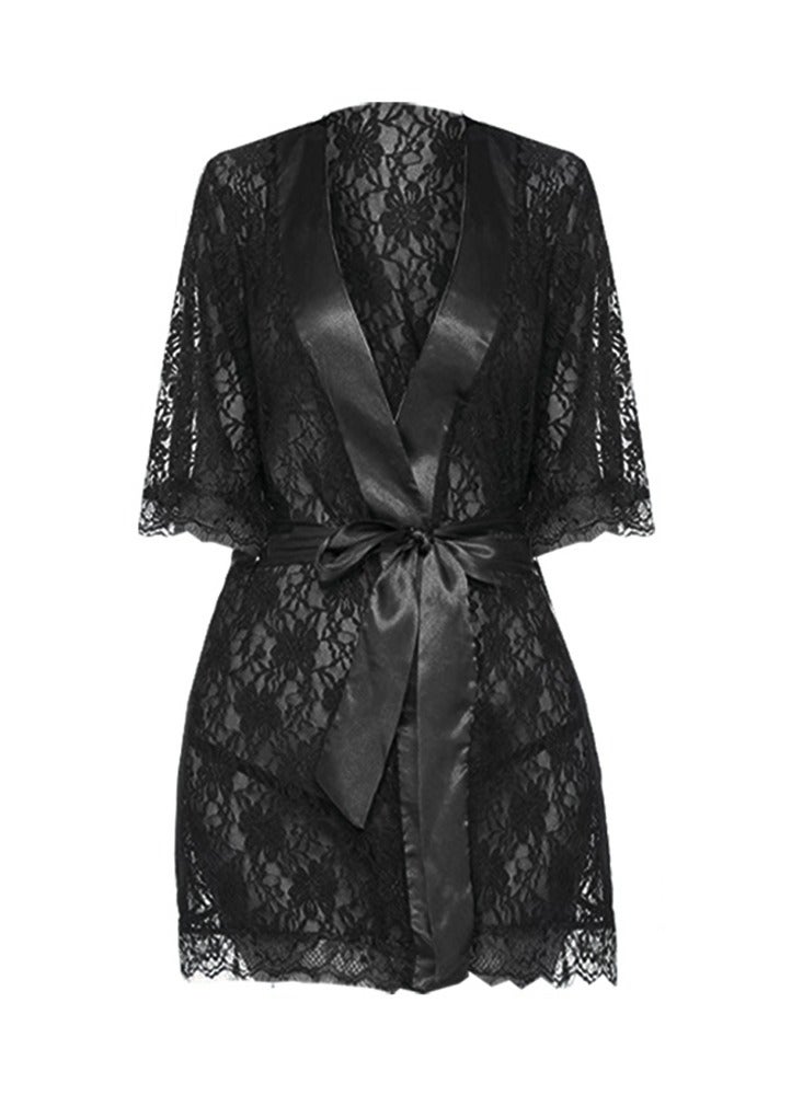 MARGOUN Womens Small Size Robes Babydoll Robe Lace Short Lingerie Sleepwear Soft Kimono Bathrobe Dressing Gown Nightwear Black /S(bust 80-84/waist 64-68/hip 88-92)  - Image 1