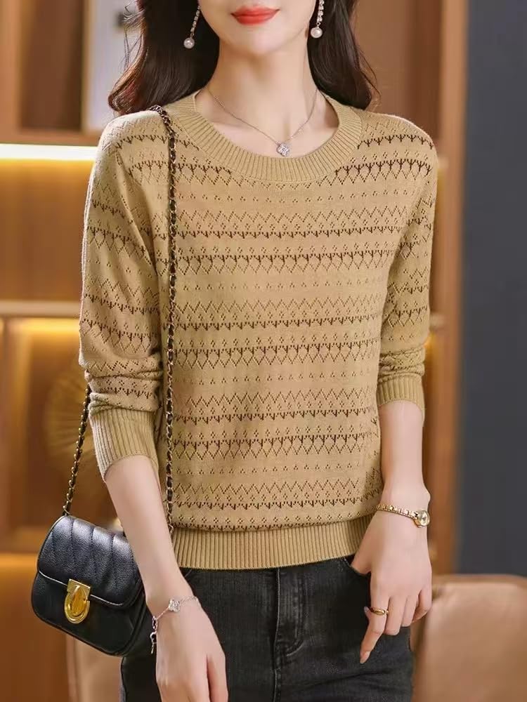 ICW Women's Ribbed Knitted Long Sleeve Round Neck Strped Top T-Shirt DN126 (in, Alpha, S, Regular, Beige) - Image 2