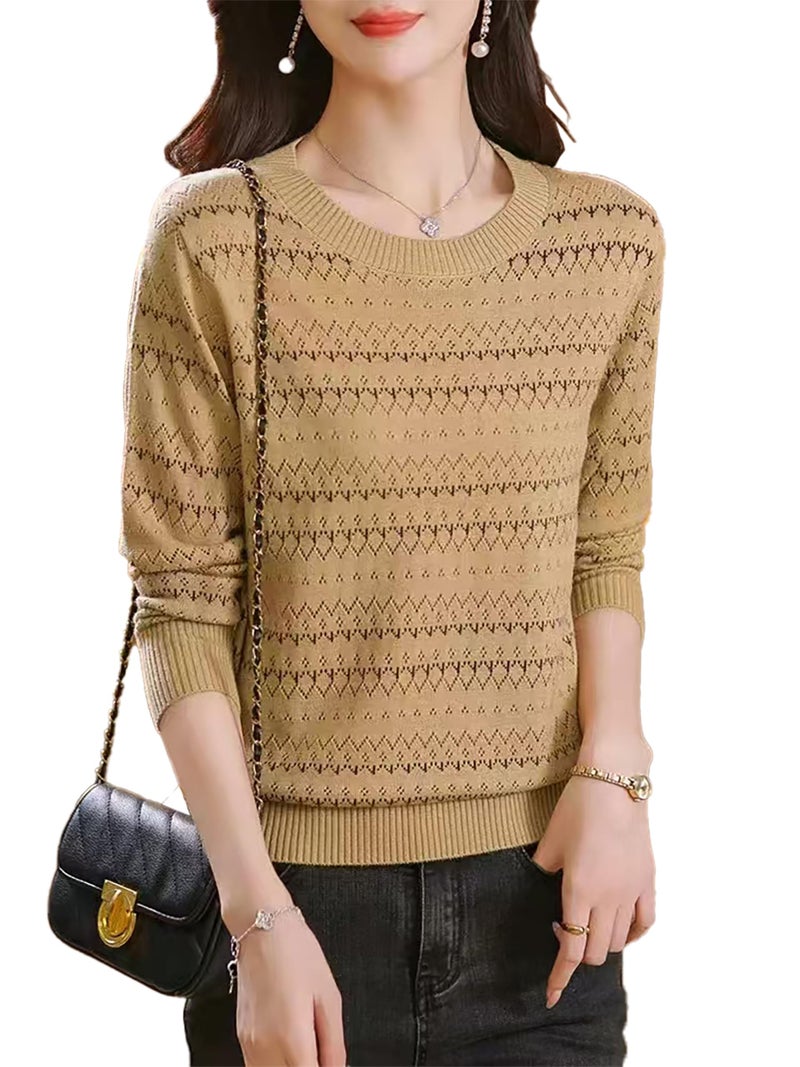 ICW Women's Ribbed Knitted Long Sleeve Round Neck Strped Top T-Shirt DN126 (in, Alpha, S, Regular, Beige) - Image 5