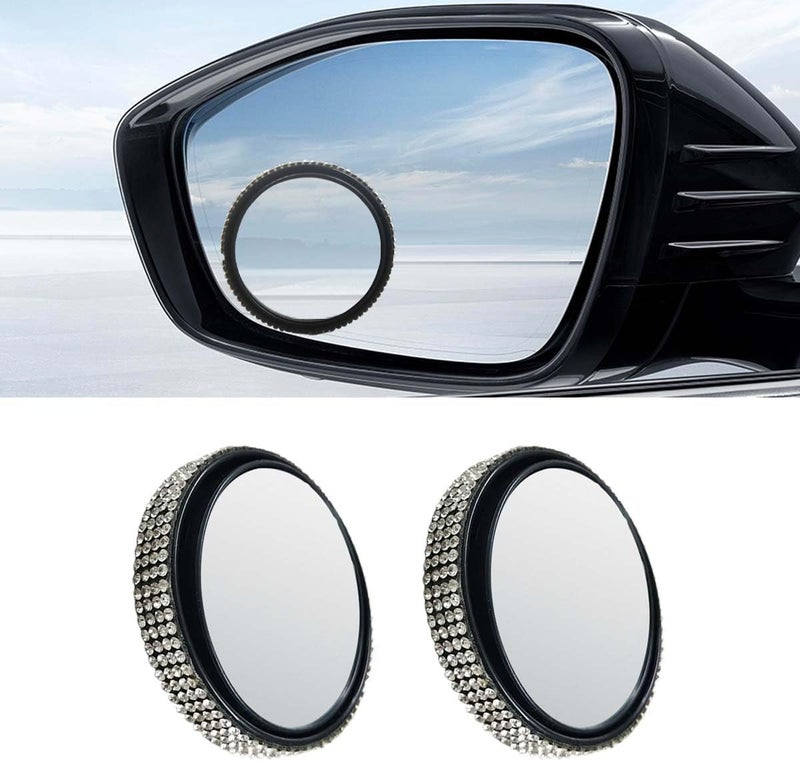 LHDOS 2PCS Bling Round Car Blind Spot Mirrors, 2'' Crystal Diamond Adjustable 360° Wide Angle Car Side Rear View Mirror, HD Glass Convex Mirror with Frame for Cars, Trucks, SUVs (White) - Image 1