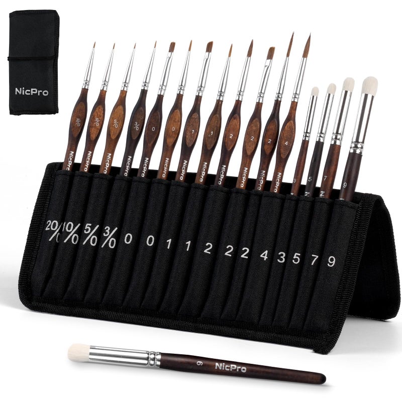 Nicpro 16 PCS Kolinsky Sable Miniature Paint Brushes Dry Brush, Professional Model Paint Brush Set with Cloth Roll, Fine Detail Artist Brush Set for Miniatures, Acrylic & Figures, Model, Watercolor - Image 1