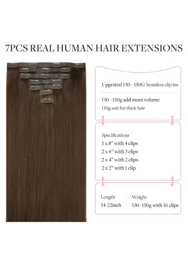 MAXITA Seamless Hair Extensions Real Human Hair Clip ins Chocolate Brown Human Hair Invisible PU Skin Weft Natural Remy Human Hair Extensions16 Inch 130g 7pcs - Image 4