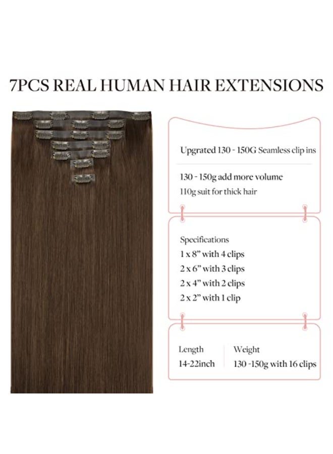 MAXITA Seamless Hair Extensions Real Human Hair Clip ins Chocolate Brown Human Hair Invisible PU Skin Weft Natural Remy Human Hair Extensions16 Inch 130g 7pcs - Image 3