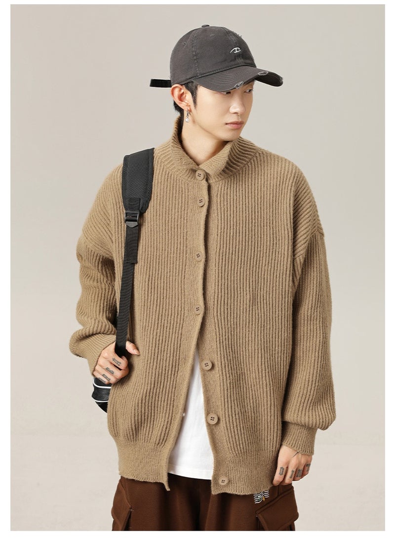 NIBEMINENT High Neck Cardigan Sweater For Men In Autumn And Winter Lazy Style Solid Color Casual Knit Sweater Trendy Brand Stand Up - Image 2