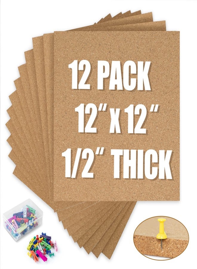 AKTOP Cork Board Bulletin Board 12x12, 1/2" Thick Cork Board Tiles 12 Pack, Small Square Pin Board for Wall, Self Adhesive Corkboards with 120 Push Pin Wood Clips for School, Home & Office - Image 1