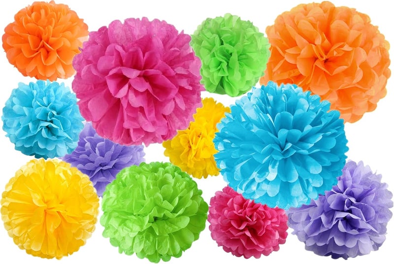 Jayke Joy 12 Pcs Paper Pom Poms Kit, Tissue Paper Flowers for Birthday, Party, Fiesta, Classroom, Playroom Festive Decorations (Multicolor, Assorted Sizes) - Image 1