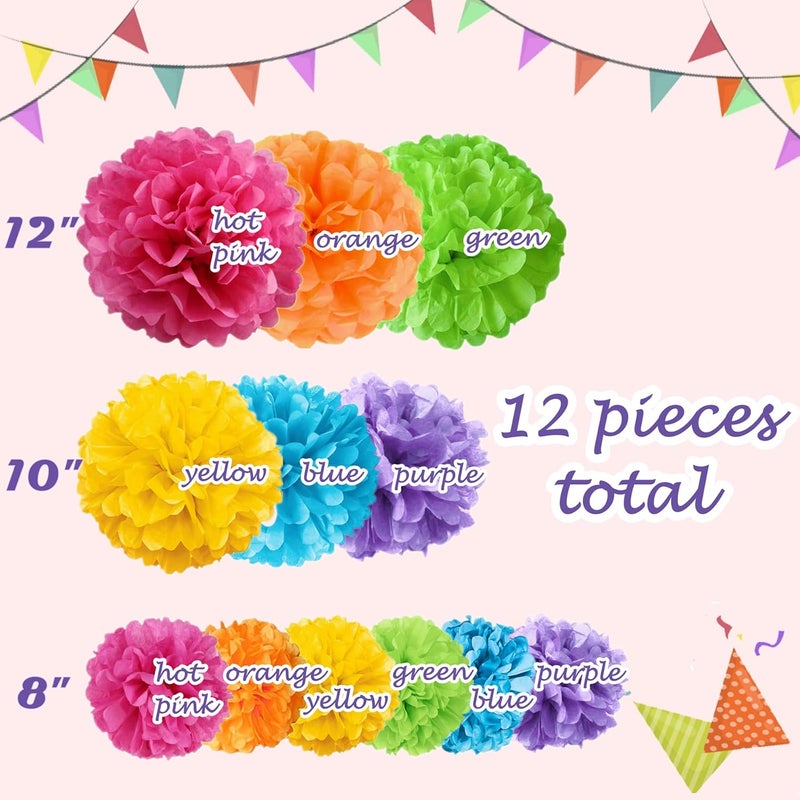 Jayke Joy 12 Pcs Paper Pom Poms Kit, Tissue Paper Flowers for Birthday, Party, Fiesta, Classroom, Playroom Festive Decorations (Multicolor, Assorted Sizes) - Image 2