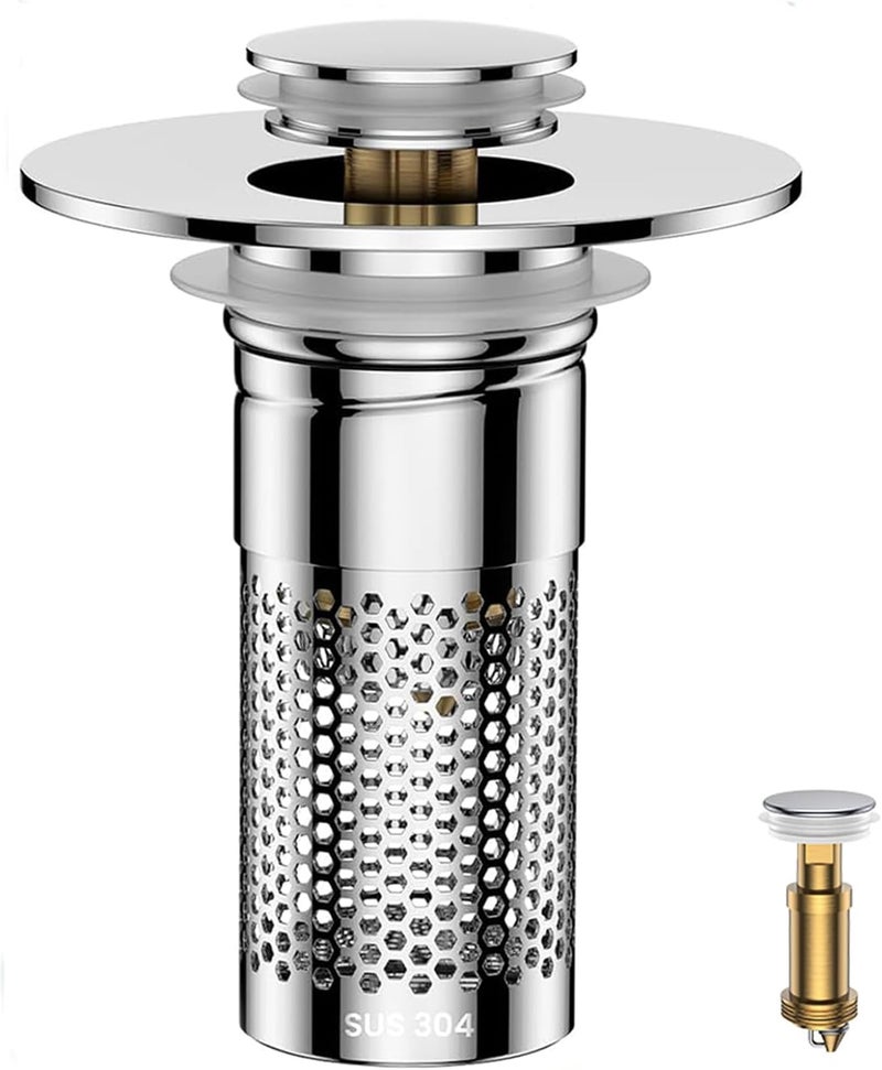 Mengine ​Bathroom Sink Drain Strainer,Universal Pop-Up Sink Stopper Hair Catcher, Anti-Clog Stainless Steel Drain Filter Basket, Removable Sink Drain for Bathroom Sink Stopper Replacement - Image 1