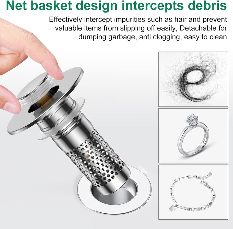 Mengine ​Bathroom Sink Drain Strainer,Universal Pop-Up Sink Stopper Hair Catcher, Anti-Clog Stainless Steel Drain Filter Basket, Removable Sink Drain for Bathroom Sink Stopper Replacement - Image 5