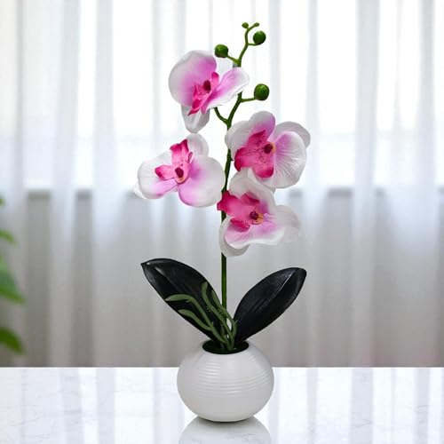 CURATED CART Flower Pot with Artificial Flowers - Orchid Pink & White Flower with White Vase | Ideal for Home Décor | Office Décor | Gifting | Size 36 x 9cm - Image 1
