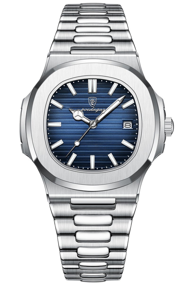 پوداجار ساعات رجالية كوارتز فاخرة عالية الجودة من الفولاذ المقاوم للصدأ | رياضية مقاومة للماء | تاريخ مضيء | شاشة مربعة ٤٠مم - Image 1