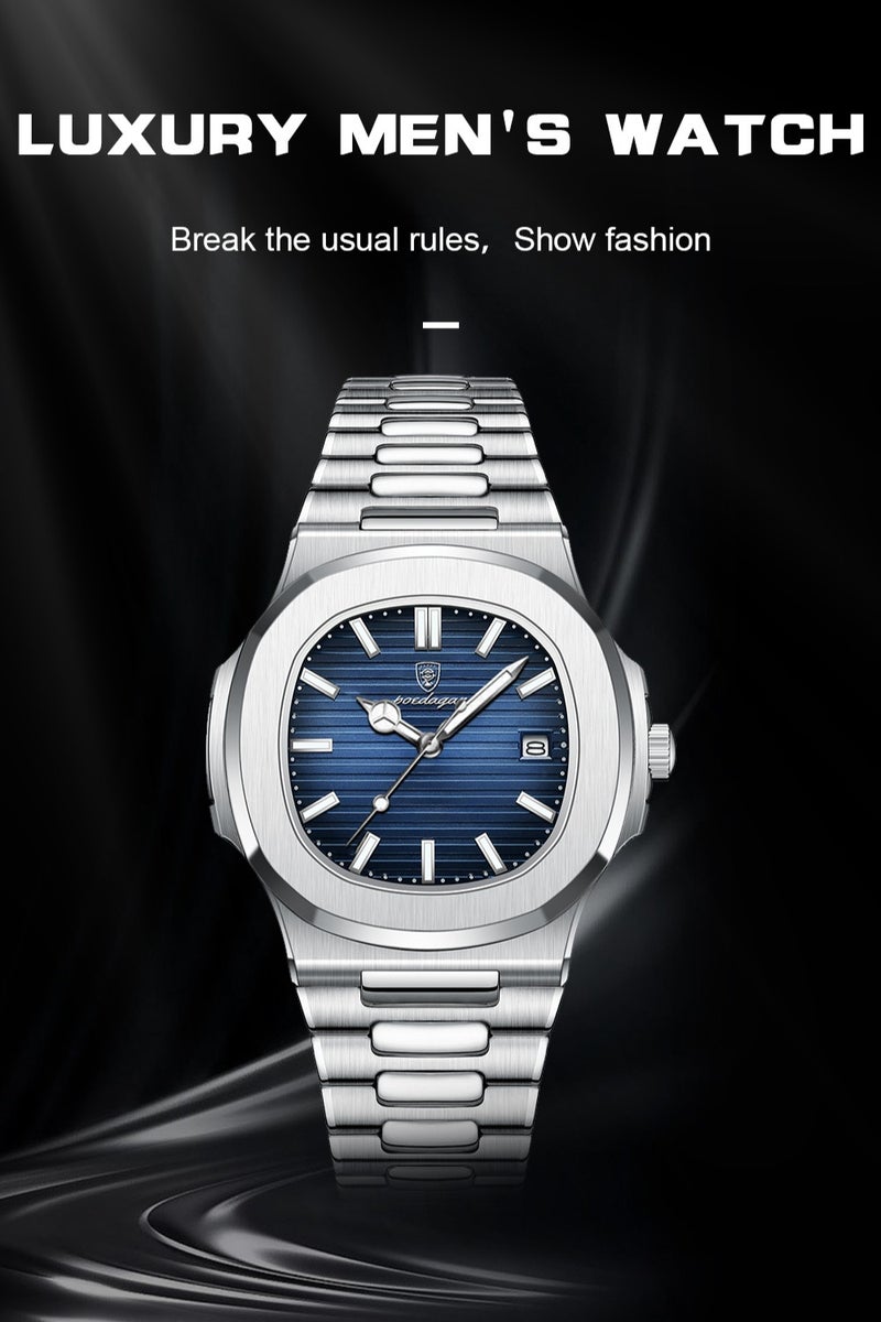 پوداجار ساعات رجالية كوارتز فاخرة عالية الجودة من الفولاذ المقاوم للصدأ | رياضية مقاومة للماء | تاريخ مضيء | شاشة مربعة ٤٠مم - Image 5