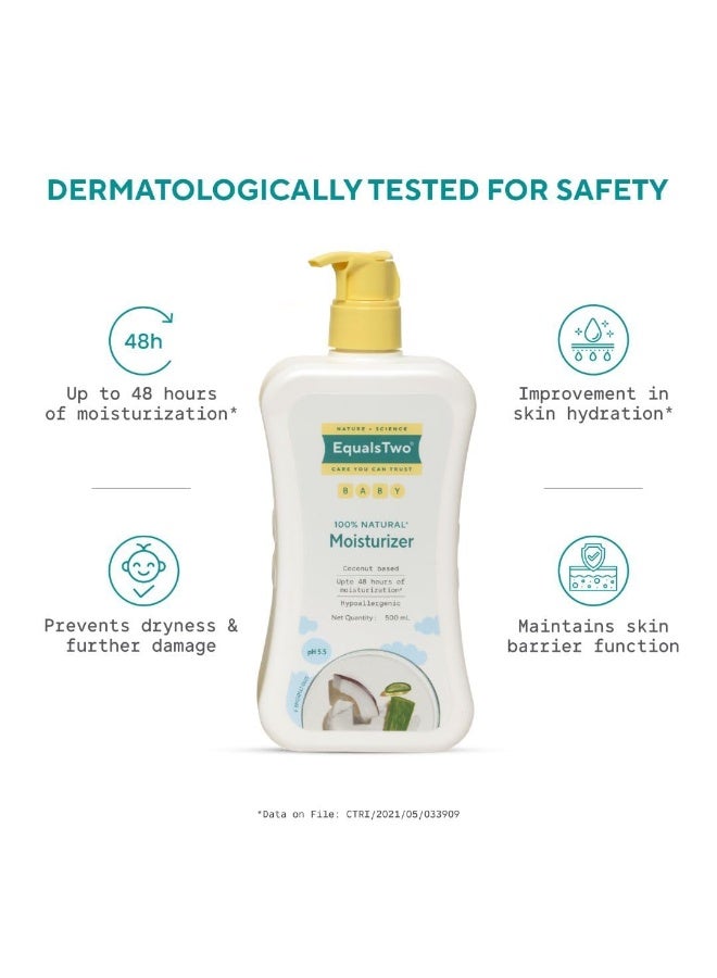 EQUALSTWO by Zydus Baby Moisturizer, 500ml, 100% Natural Coconut based Daily Baby Skin Care Body Lotion for Nourishing Skin, All Skin Types, PH 5.5, Dermatalogically Tested, No Parabens No Sulphates, (Pack 1) - Image 2