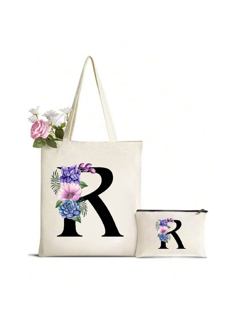 PRINTSHOP4ME Initial Monogrammed Canvas Tote Bag And Matching Makeup Bag Set-Thoughtful Gifts For Women,Teachers,College Students,Bridesmaids,Reusable Grocery Bags,Wedding,Holiday And Travel - Image 1