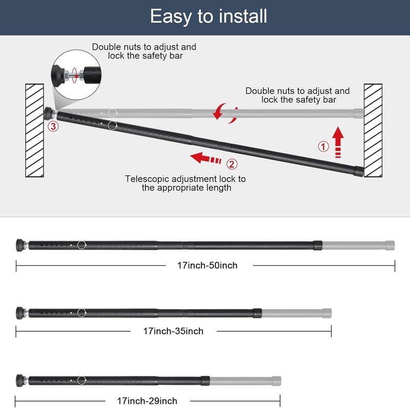 DIIG Sliding Door Security Bar，17.7-50.5inch Adjustable Locking Window Safety Bar with Rubber Tips,Diameter 1inch Window Security Bar for Home Apartment Travel (Black) - Image 4