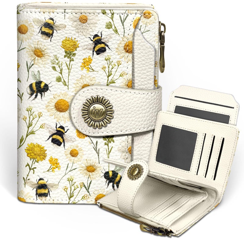 Icycay Floral Bee Small Wallet Women RFID Blocking Bifold, Credit Card Holder, Zipper Coin Pocket, PU Leather, Cute, Compact, Travel, 4 ID Window, 14 Card Slots, Cash Purse, Ladies Woman Female Girls - Image 1