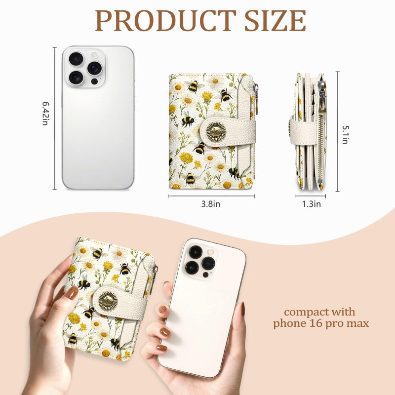 Icycay Floral Bee Small Wallet Women RFID Blocking Bifold, Credit Card Holder, Zipper Coin Pocket, PU Leather, Cute, Compact, Travel, 4 ID Window, 14 Card Slots, Cash Purse, Ladies Woman Female Girls - Image 4