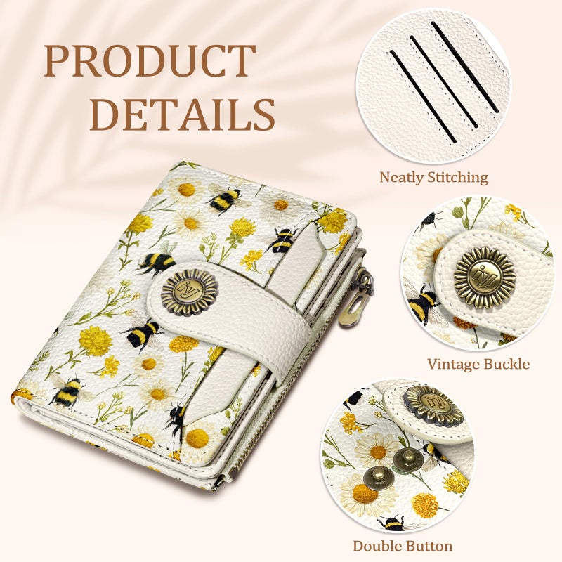 Icycay Floral Bee Small Wallet Women RFID Blocking Bifold, Credit Card Holder, Zipper Coin Pocket, PU Leather, Cute, Compact, Travel, 4 ID Window, 14 Card Slots, Cash Purse, Ladies Woman Female Girls - Image 5