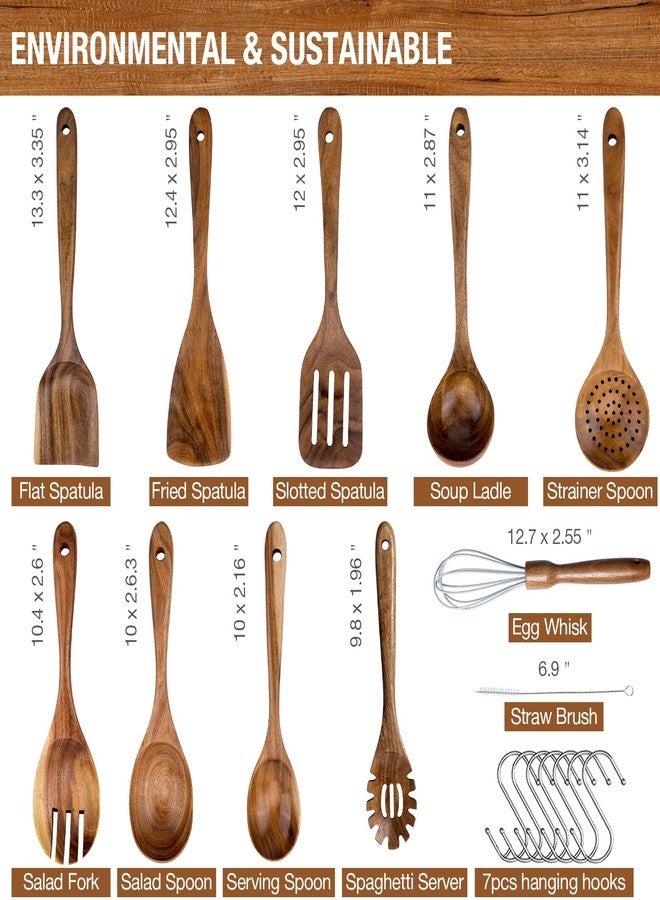 WOODme طقم أدوات طبخ خشبية، 10 قطع من أدوات المطبخ المصنوعة من خشب الساج مع مغرفة شوربة، وملعقة تقديم، وملعقة سلطة، وملعقة معكرونة - آمنة للاستخدام مع الأسطح غير اللاصقة (10 ملاعق طبخ من خشب الساج) - Image 4