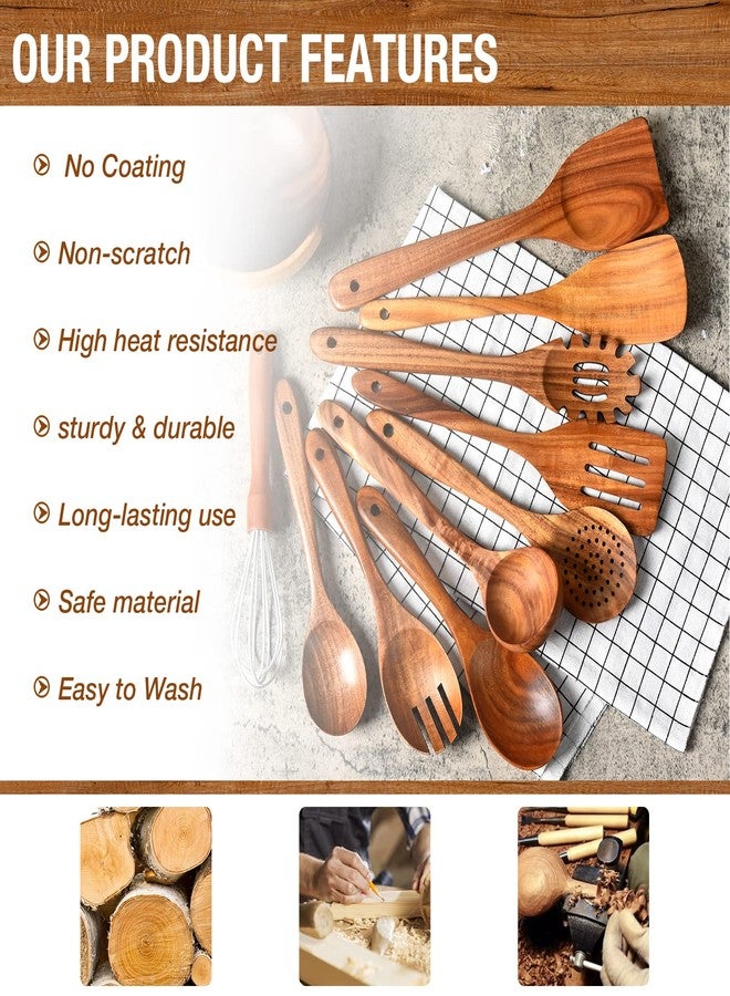 WOODme طقم أدوات طبخ خشبية، 10 قطع من أدوات المطبخ المصنوعة من خشب الساج مع مغرفة شوربة، وملعقة تقديم، وملعقة سلطة، وملعقة معكرونة - آمنة للاستخدام مع الأسطح غير اللاصقة (10 ملاعق طبخ من خشب الساج) - Image 3