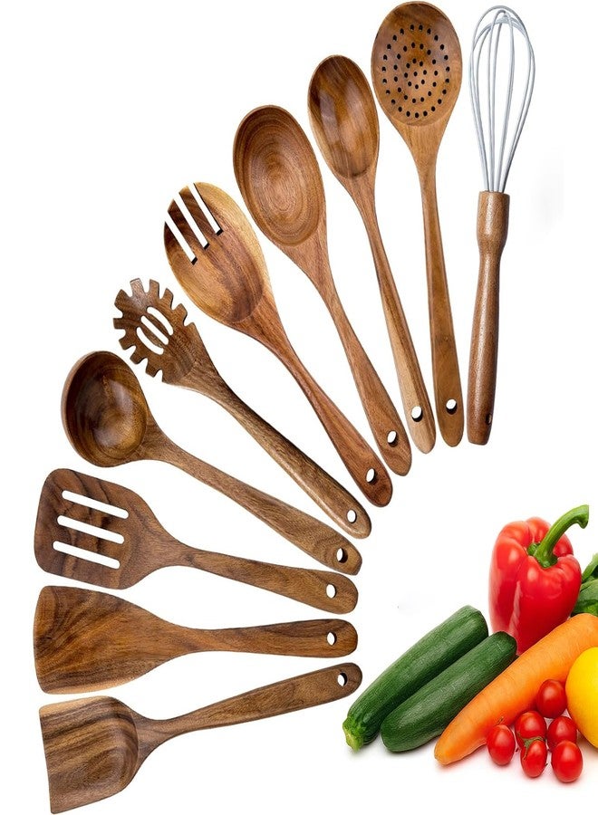 WOODme طقم أدوات طبخ خشبية، 10 قطع من أدوات المطبخ المصنوعة من خشب الساج مع مغرفة شوربة، وملعقة تقديم، وملعقة سلطة، وملعقة معكرونة - آمنة للاستخدام مع الأسطح غير اللاصقة (10 ملاعق طبخ من خشب الساج) - Image 1