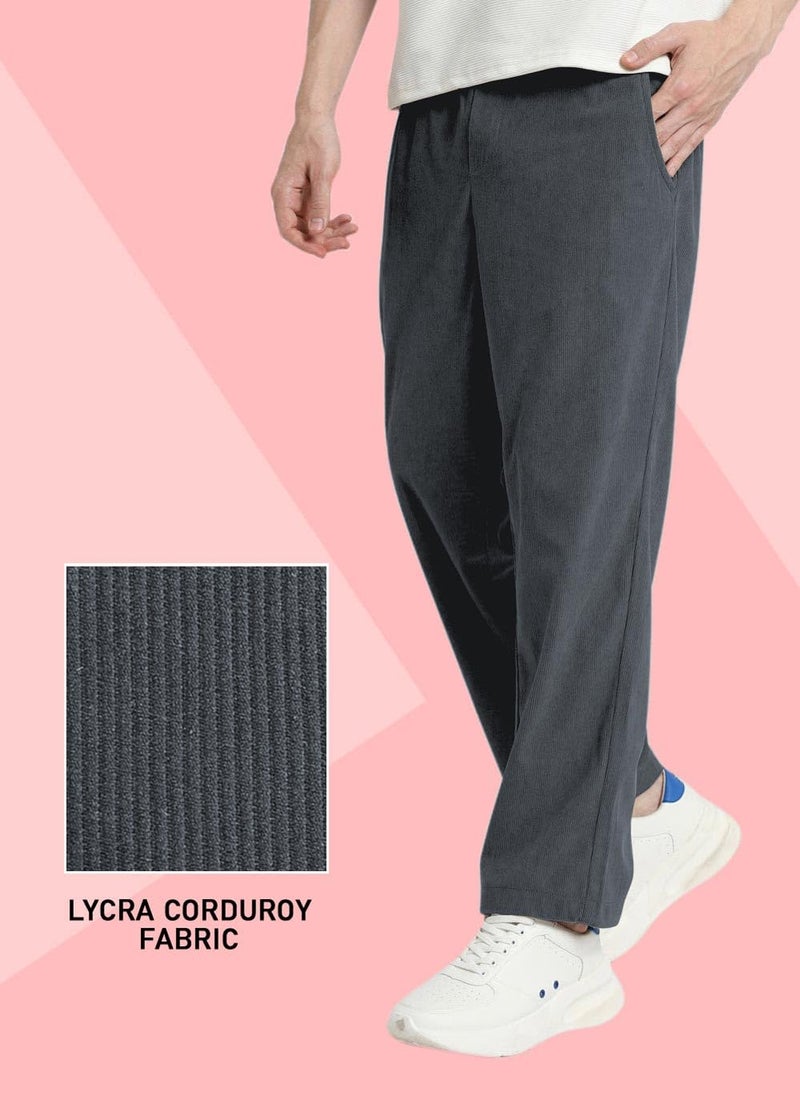 SWADESI STUFF Men's Corduroy Track Pants | Self Design, Mid-Rise Fit, Flexi Waistband - Retro-Inspired Straight Fit Lounge & Casual Wear (in, Alpha, S, Standard, Dark Grey) - Image 4