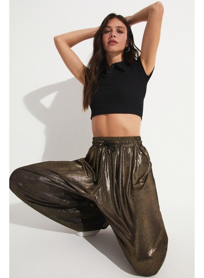 JUNE Glitter Detail Shiny Trouser Gold - Image 4