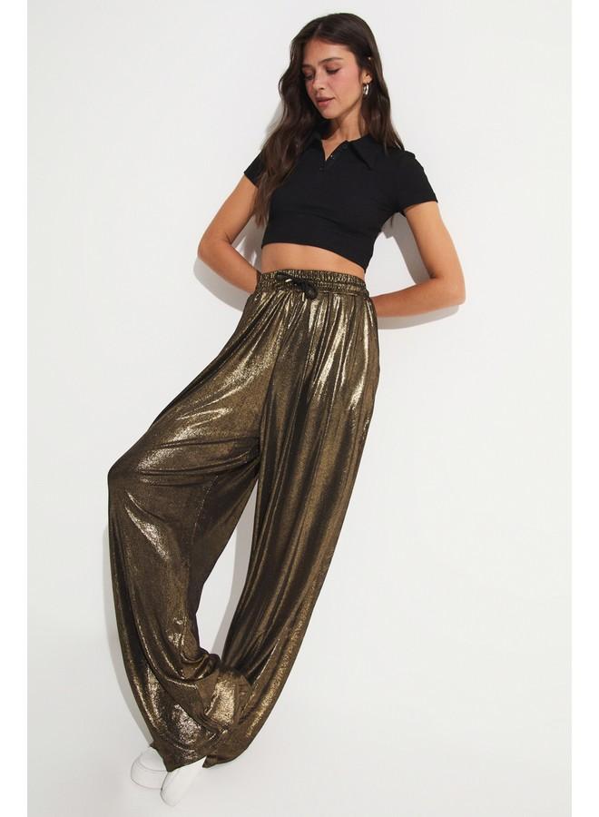 JUNE Glitter Detail Shiny Trouser Gold - Image 2