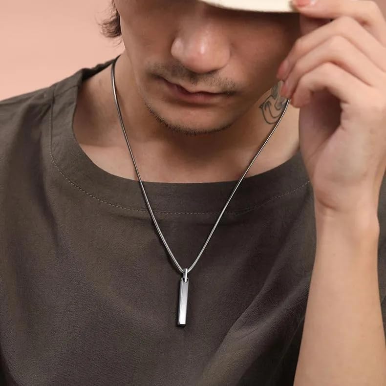 THE MEN THING SLEEK APEX - Pure Titanium Steel Silver Bar Pendant with 24inch Snake Chain for Men & Boys - Image 2