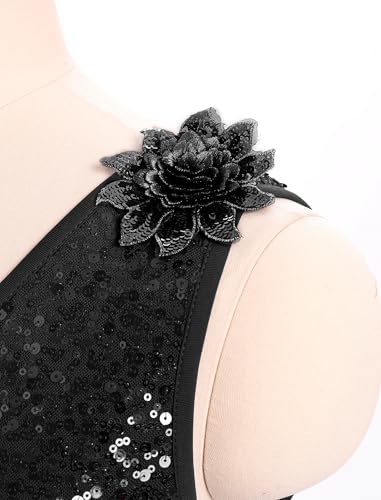IBAKOM Women Lyrical Dance Dress One Shoulder Sparkly Sequins Contemporary Dance Costume Shiny Top Sheer Meah Waist with Flowy Chiffon Skirt Adult Salsa Jazz Lyrical Dress Black Small - Image 3