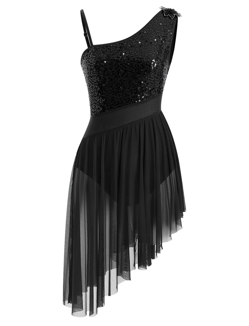 IBAKOM Women Lyrical Dance Dress One Shoulder Sparkly Sequins Contemporary Dance Costume Shiny Top Sheer Meah Waist with Flowy Chiffon Skirt Adult Salsa Jazz Lyrical Dress Black Small - Image 2