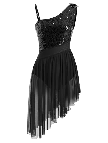 IBAKOM Women Lyrical Dance Dress One Shoulder Sparkly Sequins Contemporary Dance Costume Shiny Top Sheer Meah Waist with Flowy Chiffon Skirt Adult Salsa Jazz Lyrical Dress Black Small - Image 1