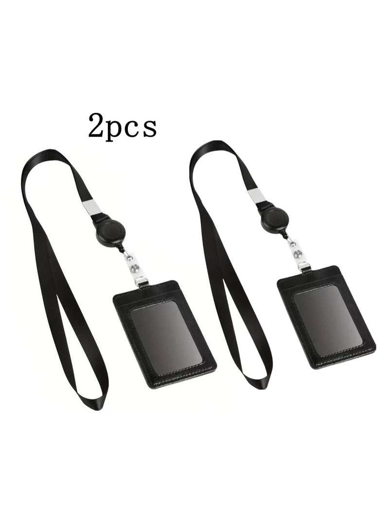DELGREEN 2 PCS Leather ID Badge Holder with Retractable Lanyard, Retractable Badge Reel Nylon Lanyard and Vertical ID Card Holder, Black - Image 1