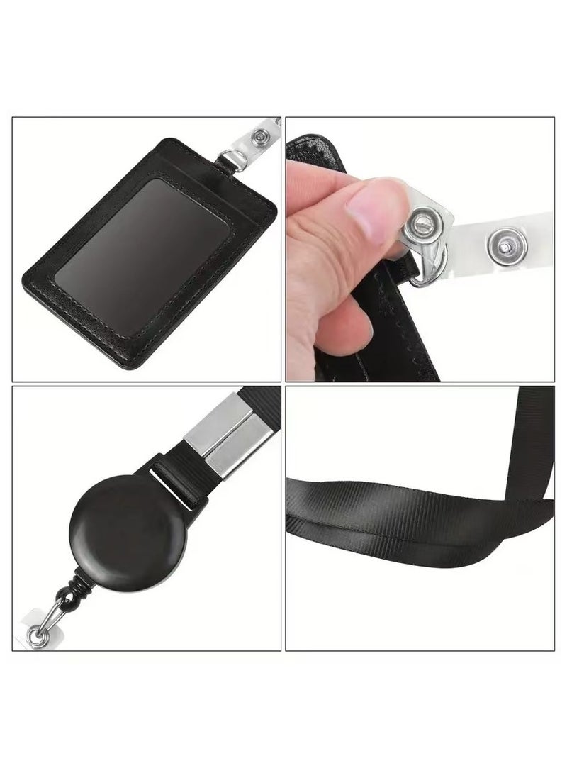 DELGREEN 2 PCS Leather ID Badge Holder with Retractable Lanyard, Retractable Badge Reel Nylon Lanyard and Vertical ID Card Holder, Black - Image 2