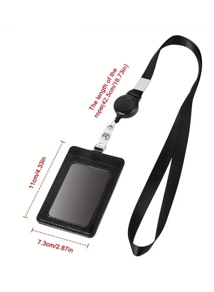 DELGREEN 2 PCS Leather ID Badge Holder with Retractable Lanyard, Retractable Badge Reel Nylon Lanyard and Vertical ID Card Holder, Black - Image 4