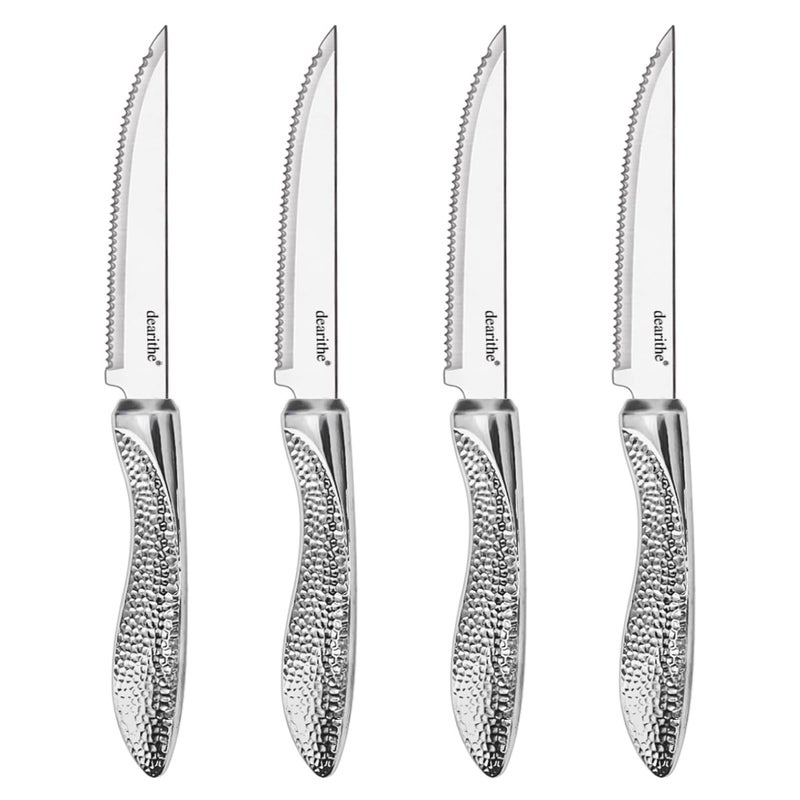 dearithe Steak Knives Set of 4 Stainless Steel Serrated Sharp Blade Flatware Steak Knife Set Hammered Pattern Hollowed Handle45 InFor Kitchen Restaurant Tableware Dishwasher Safe
