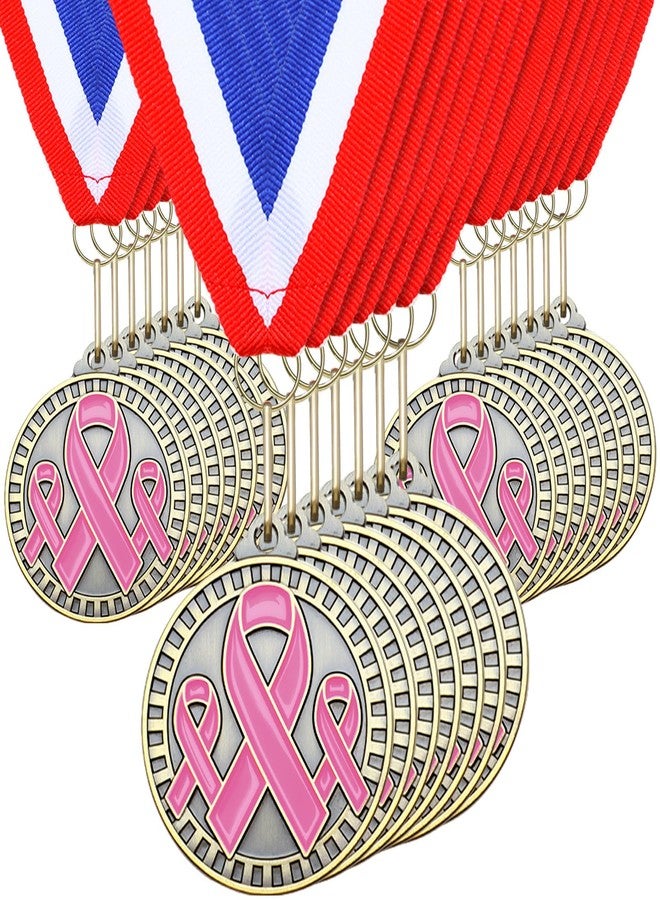 Loetere 30 Pcs Ribbon Awareness Medals Breast Cancer Awareness Ribbon Gifts 2" Domestic Violence Trophy Medal with Neck Ribbons for Women Girl Charity Recognition, Survivor Movement(Pink) - Image 1