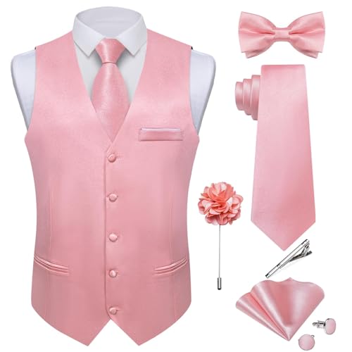 DiBanGu Mens Satin Suit Vest and Tie Set 8PCS Solid Waistcoat and Bowtie with Lapel Pin for Tuxedo Dress Vest Wedding Formal Blush Pink Large - Image 1
