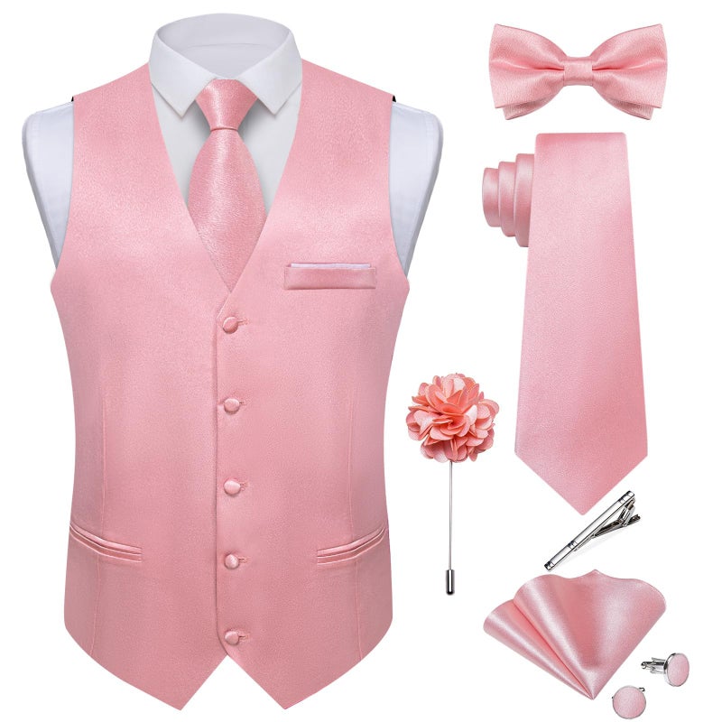 DiBanGu Mens Satin Suit Vest and Tie Set 8PCS Solid Waistcoat and Bowtie with Lapel Pin for Tuxedo Dress Vest Wedding Formal Blush Pink Large - Image 2