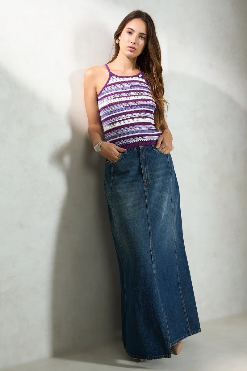 Virgio Stripes Cotton Knit Structure Achromatic Top for Women