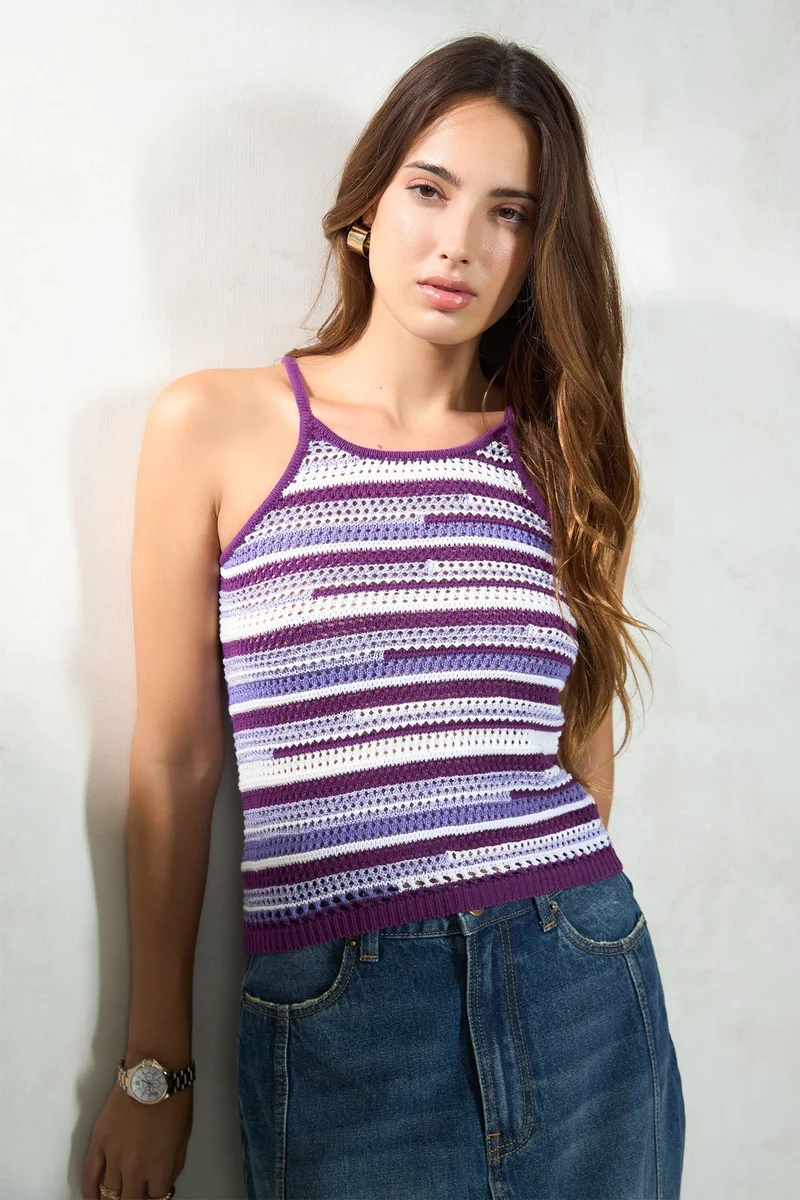 فيرجيو Stripes Cotton Knit Structure Achromatic Top for Women