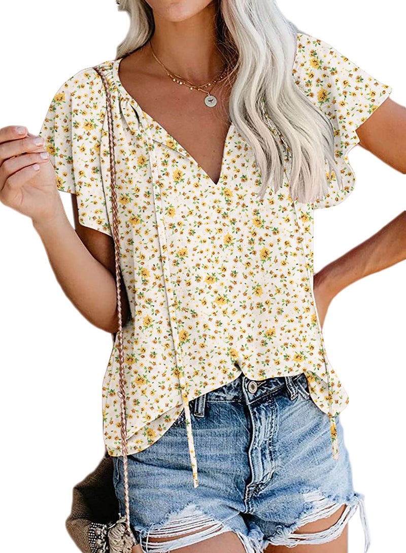 SimpleFun Floral Blouses for Women Dressy Short Sleeve Split Neck Summer Fashion Tops (Floral13,S) - Image 1