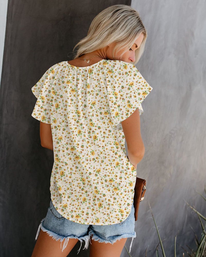 SimpleFun Floral Blouses for Women Dressy Short Sleeve Split Neck Summer Fashion Tops (Floral13,S) - Image 3