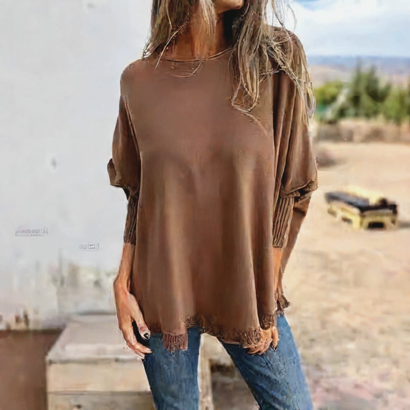 Loose Long Sleeve Knit Top with Ruffle Trim - Image 1
