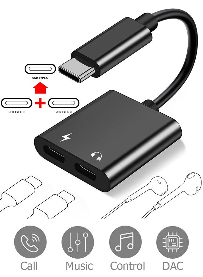 Wffo 2 in 1 Dual USB C Headphone and Charger - New Audio Charger Adapter DAC Type C Aux Earphone Splitter Compatible With Apple iPad Pro Galaxy S25 Ultra S10 Lite Note10 A90 Z Flip Tab S6 Huawei P30 - Support Call+Charging - Black
