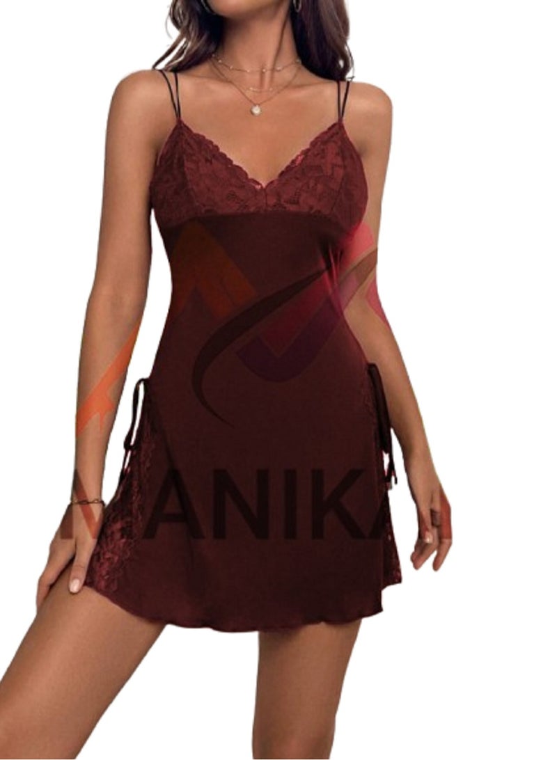 Women's Satin Lace Trim Nightdress Sleeveless Spaghetti Strap Mini Sleepwear - Burgundy