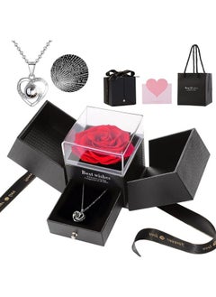 HASTHIP Women's Metal Rose Flower Gift Valentine'S Day Gift Preserved Rose Flower Necklace Eternal Rose Necklace Creative 'I Love U' Projection Necklace Gift Set Birthday Gift