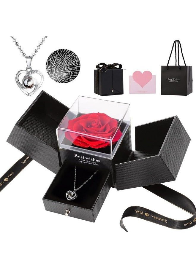 HASTHIP - HASTHIP Women's Metal Rose Flower Gift Valentine'S Day Gift Preserved Rose Flower Necklace Eternal Rose Necklace Creative 'I Love U' Projection Necklace Gift Set Birthday Gift - Image 1